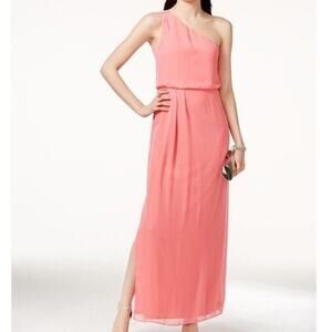 Adrianna Papell Coral Pink One Shoulder Maxi Dress Womens 8 Formal Prom Gown